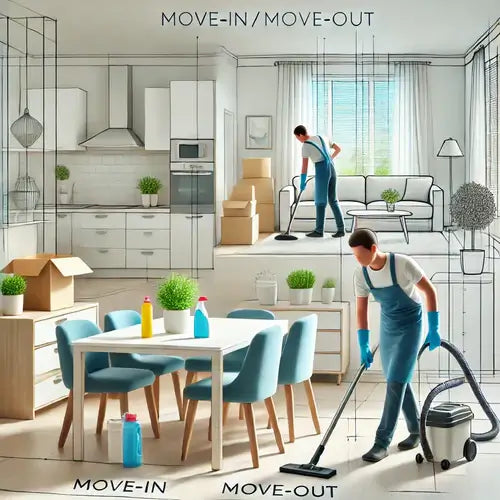 A professional cleaner performing move-in/move-out cleaning services in a bright and organized home. The scene includes a dining area, cleaning supplies, and a cleaner vacuuming the living room, emphasizing cleanliness and efficiency.