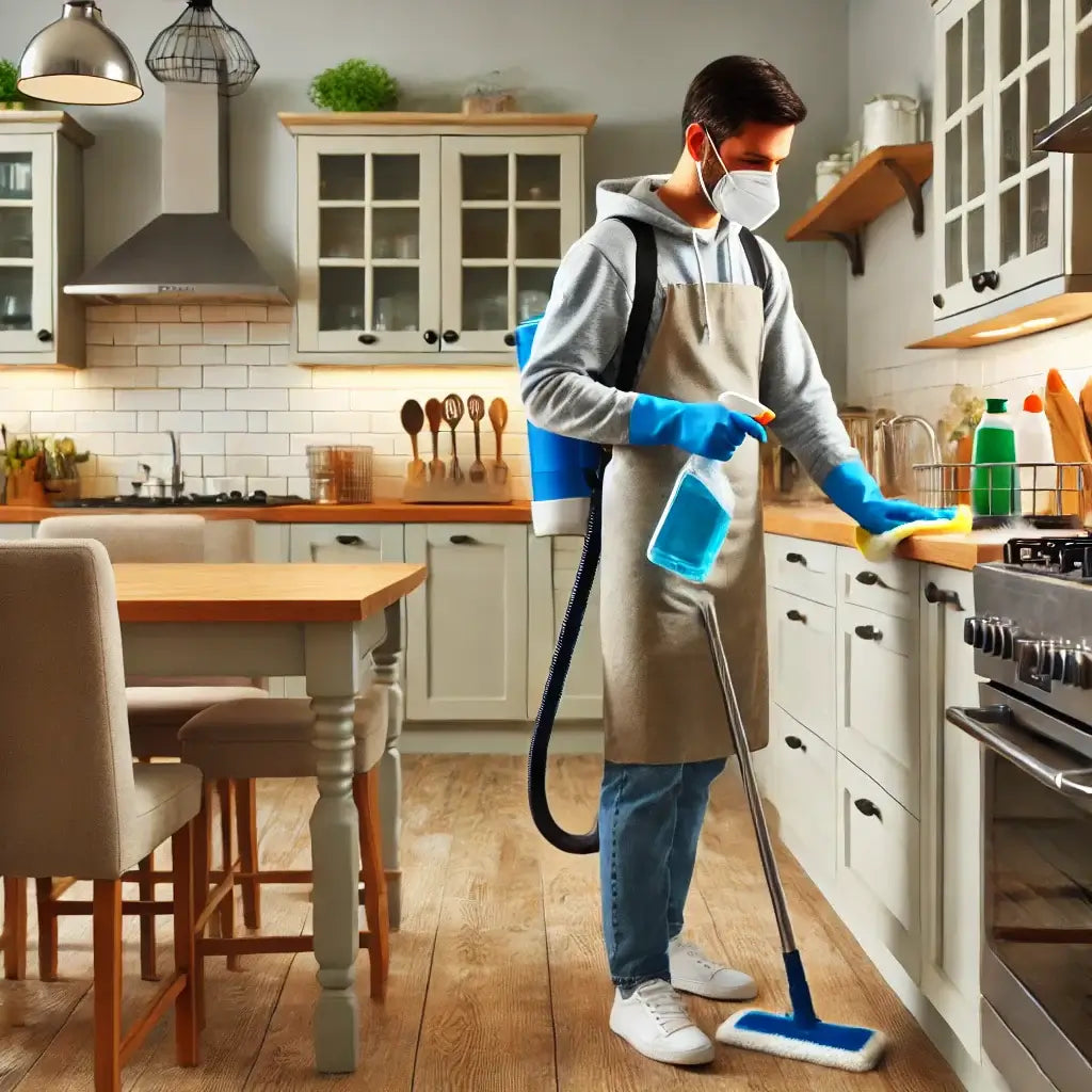 A professional cleaner sanitizing a modern kitchen, cleaning countertops and appliances, showcasing professional deep cleaning services by Home Clean CPH.