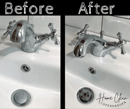 Before and after images of a bathroom faucet cleaned by Home Clean CPH. The transformation highlights a limescale-free, polished surface and sparkling sink, demonstrating professional bathroom cleaning services.