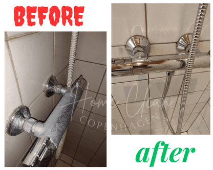 Before and after images of a shower fixture cleaned by Home Clean CPH. The transformation showcases a limescale-free, shiny, and polished finish achieved through professional bathroom deep cleaning services.