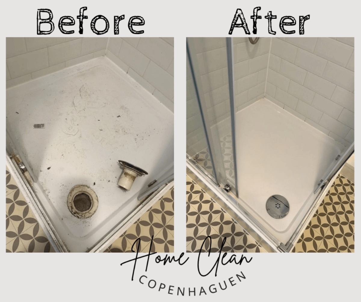 Before and after images of a shower tray cleaned by Home Clean CPH. The transformation showcases a grime-free, spotless surface, demonstrating the effectiveness of professional bathroom deep cleaning services.