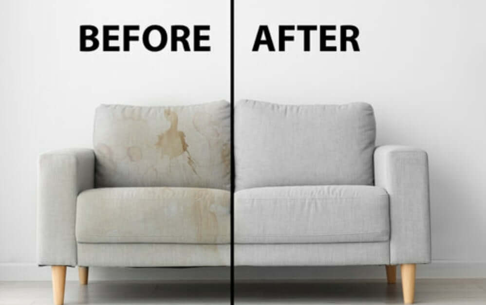 Before and after comparison of a sofa cleaning service, showcasing Home Clean CPH's effective stain removal and upholstery care.