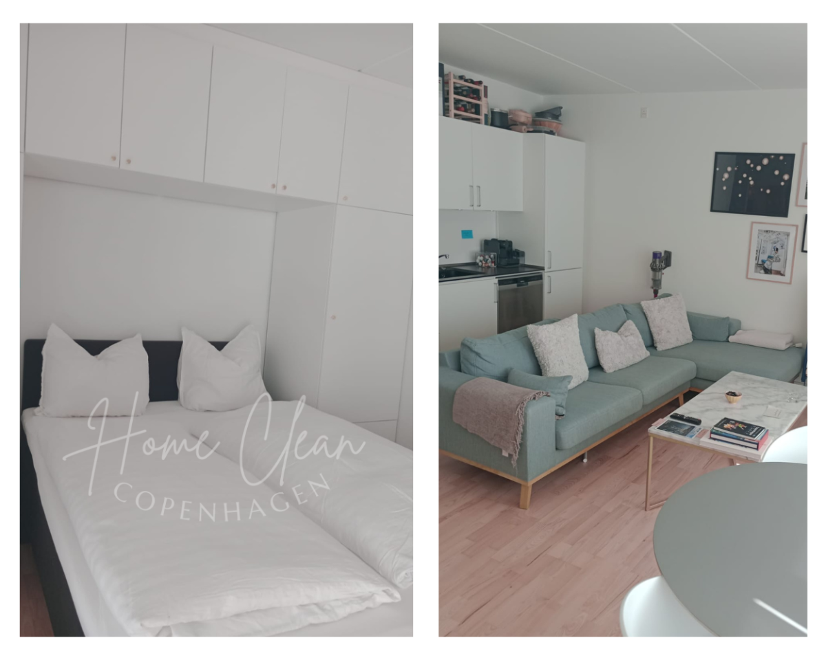 Cozy Airbnb bedroom and living area cleaned by Home Clean Cph, ensuring a comfortable and welcoming stay for guests in Copenhagen.