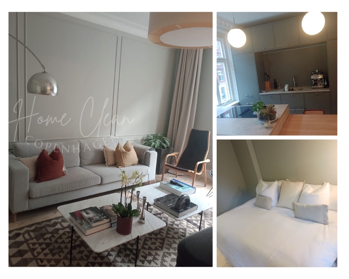 Cozy and clean Airbnb living room, kitchen, and bedroom in Copenhagen - styled by Home Clean Cph.