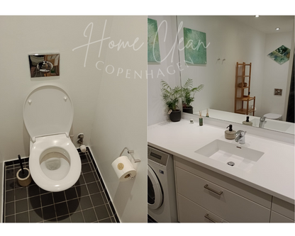 Clean and hygienic Airbnb bathroom and sink area professionally cleaned by Home Clean Cph to provide a fresh experience for guests in Copenhagen.