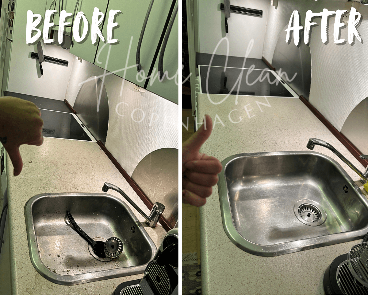 Before and after kitchen deep cleaning service by Home Clean CPH in Copenhagen. Image showcasing a spotless sink and counter