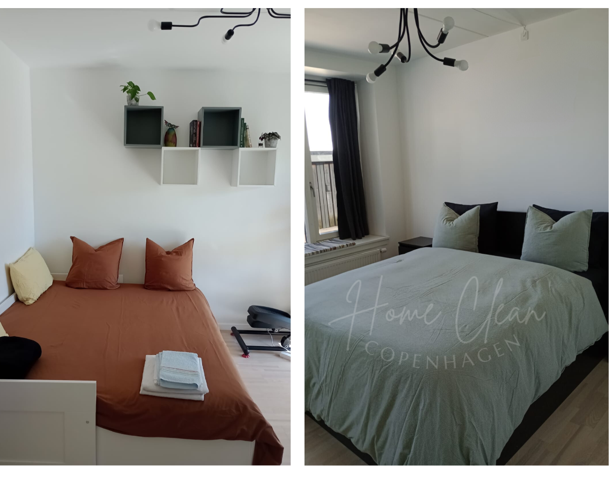 Modern Airbnb bedrooms professionally cleaned by Home Clean Cph, ensuring guest-ready spaces in Copenhagen.