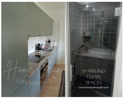 Clean and modern kitchen and bathroom with sparkling shower in Copenhagen - Home Clean Cph.