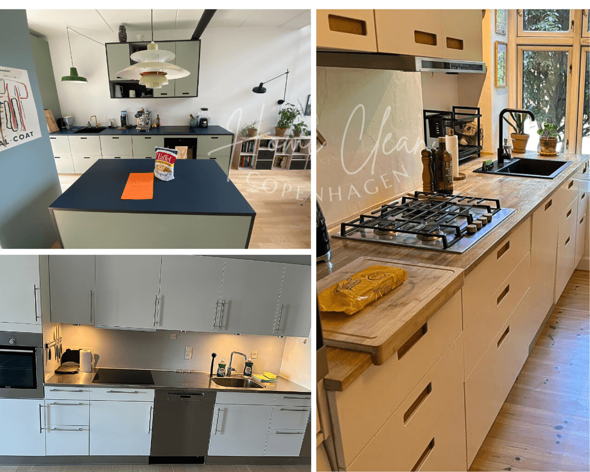 Modern kitchen cleaned by Home Clean CPH in Copenhagen - spotless countertops, polished stove, and eco-friendly cleaning products