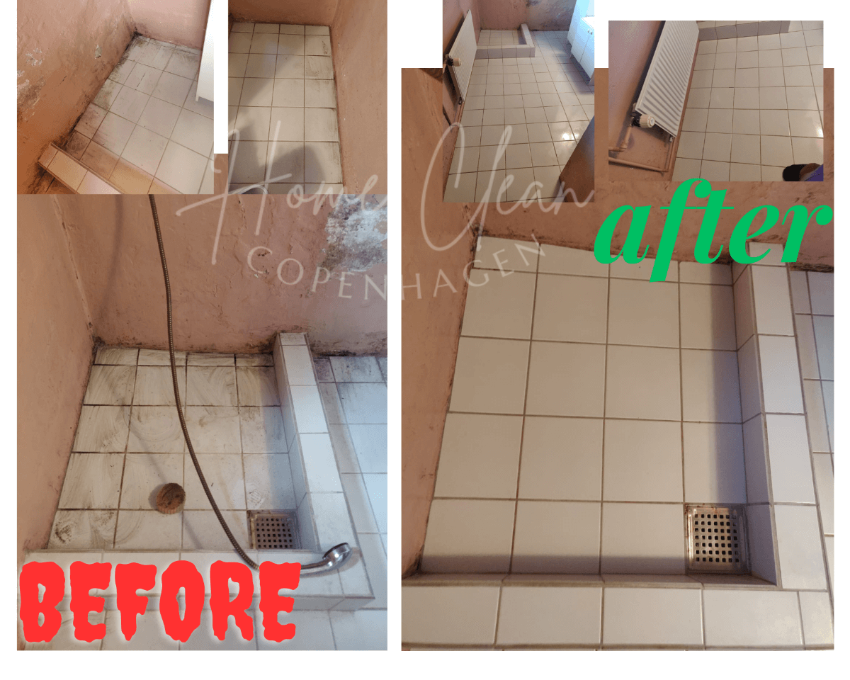 Before and after deep tile floor cleaning service by Home Clean CPH in Copenhagen, showcasing restored cleanliness and shine.